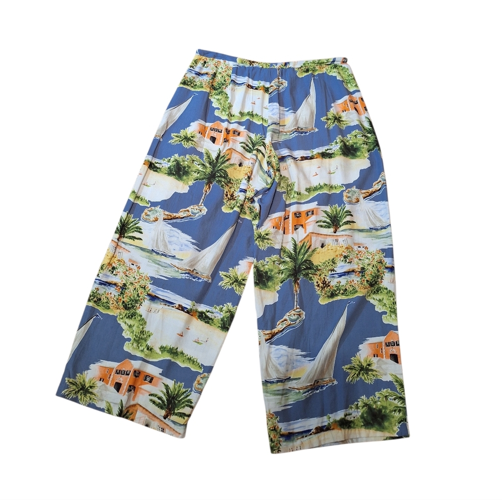 Kahala Hawaii Scenic Graphic Print Pants Ladies 12 Cropped Resortwear Sailboats